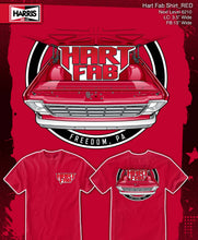 Load image into Gallery viewer, A red graphic apparel mockup showing a large red car front and the words 'HART FAB' and 'FREEDOM, PA' on a red background, with two smaller red T-shirt views below. The Harris Art &amp; Design logo appears in the top left, and text at top right reads 'Hart Fab Shirt, RED' with dimensions.