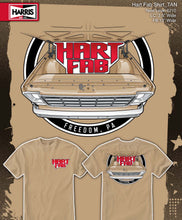 Load image into Gallery viewer, A tan short-sleeve t-shirt design shown from the front and back, featuring a large graphic of a vintage car front grille with the words 'HART FAB' in red and white, and 'FREEDOM, PA' below. The Harris Art &amp; Collectibles logo appears in the top left, and print specs are listed in the top right.