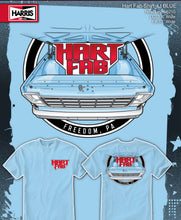 Load image into Gallery viewer, A light blue short-sleeve t-shirt design mockup showing two front views: one with a small red and white 'HART FAB' logo on the left chest, and one with a larger version of the same graphic featuring a vintage car illustration and the text 'FREEDOM, PA'. The top of the image includes product text and a Harris logo.